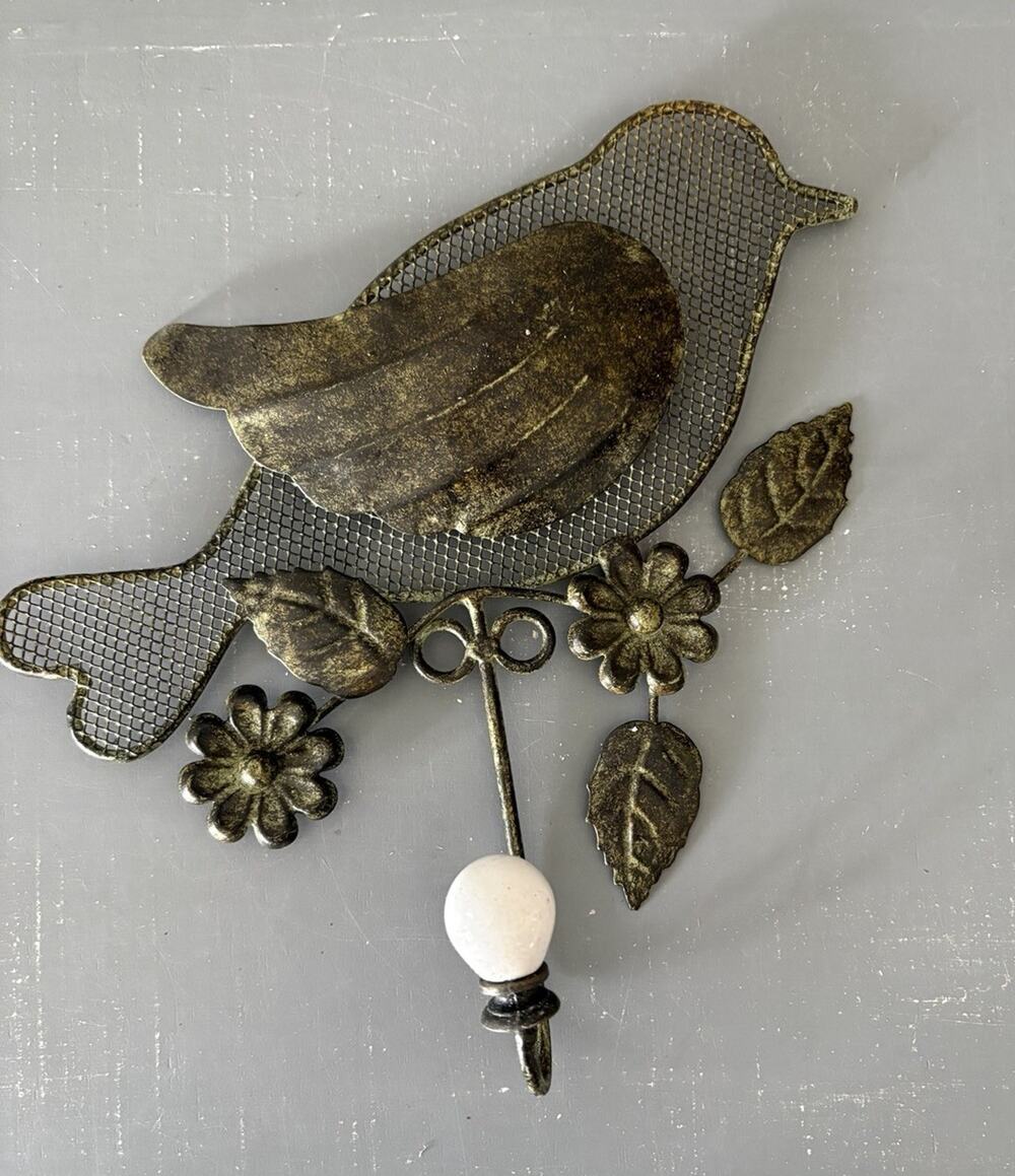 Vintage Metal Bird Wall Hook Rustic Floral Coat Key Hook w Ceramic Knob NOS